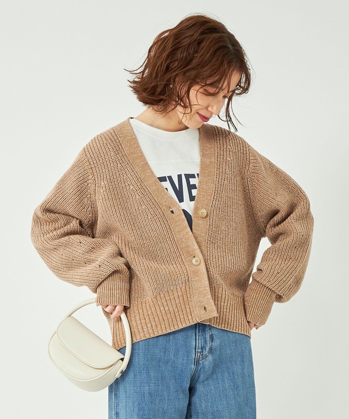 セール】ミックス カラー アゼ Vネック カーディガン -ウォッシャブル