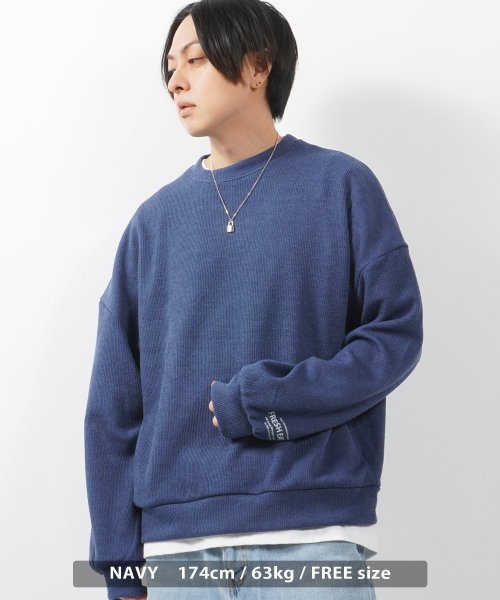 1111clothing(ワンフォークロージング)/クルーネック ニット メンズ セーター レディース ワンポイントロゴ オーバーサイズ ビッグシルエット ビッグニット 春ニット シンプル 大きいサイズ 韓国/ネイビー