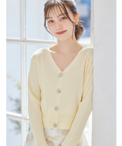 tocco closet(トッコクローゼット)/フラワービジュー付きショート丈リブニットカーディガン/Lemon