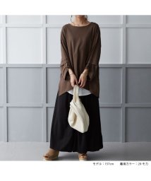 No one knows/シームレスネック くしゅ袖 ロング ロング丈 Tシャツ プルオーバー レディース 長袖 ゆったり 大きいサイズ お尻 すっぽり 隠れる カットソー 綿100％ /505111762