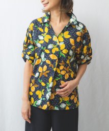 NARA CAMICIE(ナラカミーチェ)/レモンプリント半袖プルオーバーシャツ/ネイビー