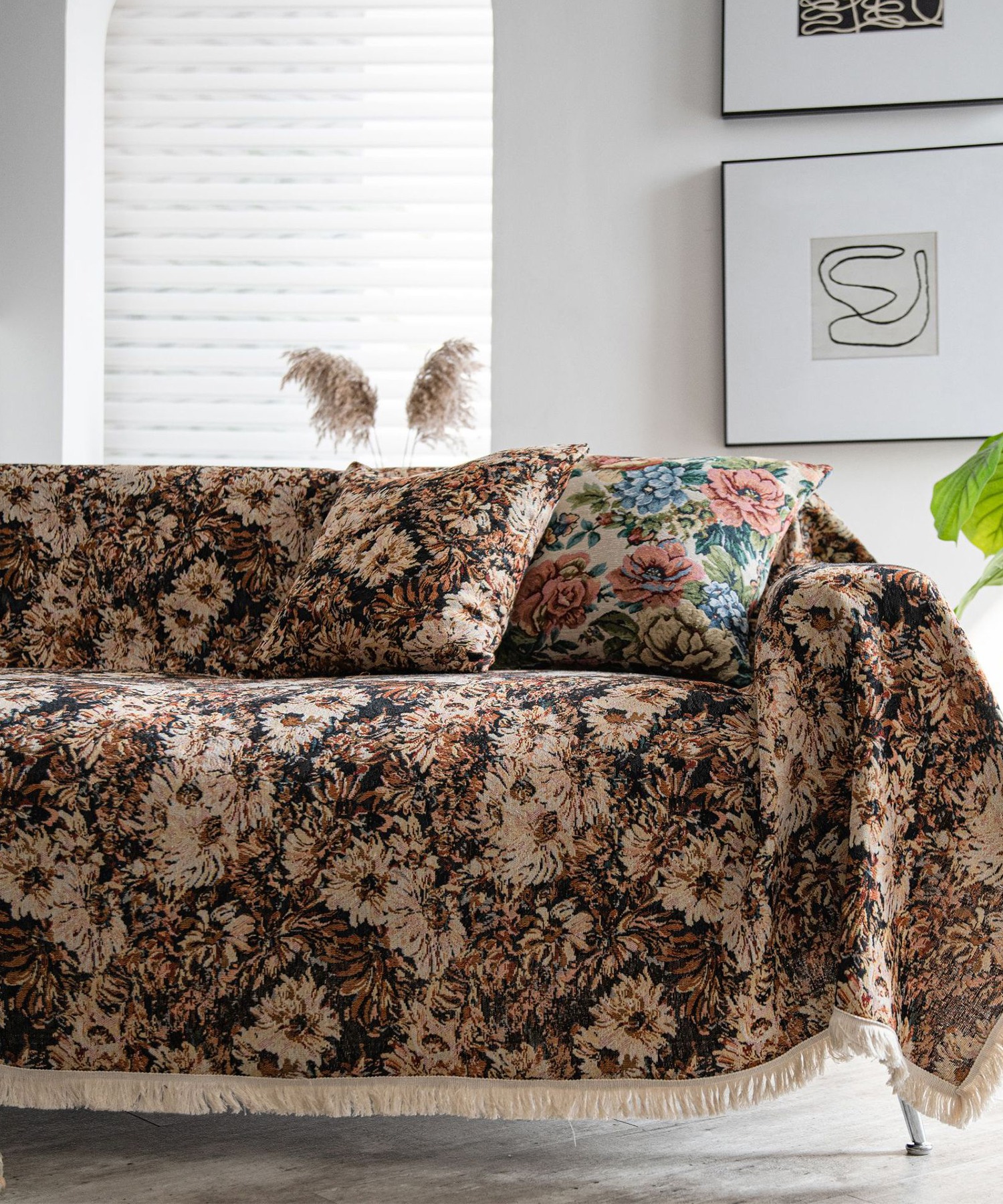 エスニック 田舎風 マルチカバー ソファーカバー 紅葉柄 フリンジ ゴブラン織 エスニック 田舎風 マルチカバー ソファーカバー 紅葉柄 フリンジ