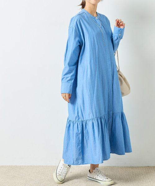 OMNES(オムネス)/【OMNES】コットンブロード裾ギャザーシャツワンピース/ブルー