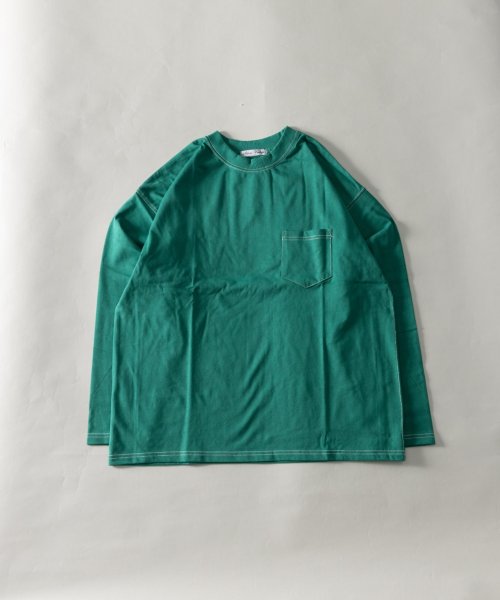 Nylaus(ナイラス)/ヘビーウエイト 配色ステッチ ポケット付き ビッグロングTシャツ/グリーン