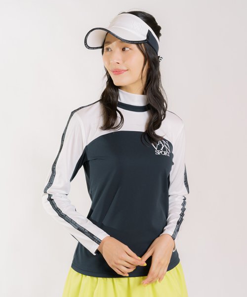 LANVIN SPORT(ランバン スポール)/【25周年】ブロッキングモックネック長袖シャツ【吸汗/UV/ECO】【アウトレット】/ホワイト