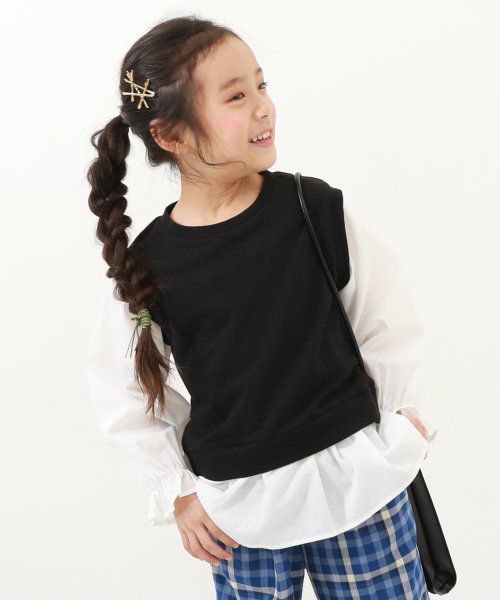 devirock(デビロック)/ベストドッキング風 長袖Tシャツ 子供服 キッズ 女の子 トップス 長袖Tシャツ ロンT 綿100% 吸汗/ブラック