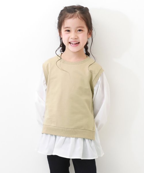 devirock(デビロック)/ベストドッキング風 長袖Tシャツ 子供服 キッズ 女の子 トップス 長袖Tシャツ ロンT 綿100% 吸汗/ベージュ