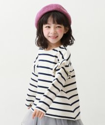 devirock(デビロック)/肩フリル 先染めボーダー ストレッチ 長袖Tシャツ 子供服 キッズ ベビー 女の子 トップス 長袖Tシャツ ロンT Aライン ストレッチ/オフホワイト