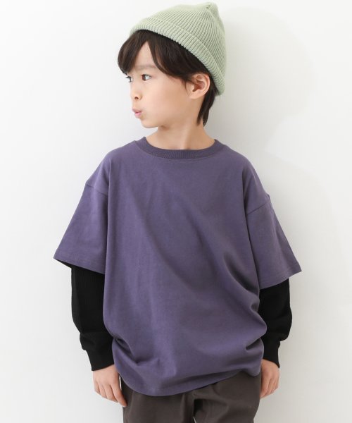 devirock(デビロック)/レイヤード風 長袖Tシャツ 子供服 キッズ 男の子 女の子 トップス 長袖Tシャツ ロンT ビッグシルエット オーバーサイズ/ダークパープル