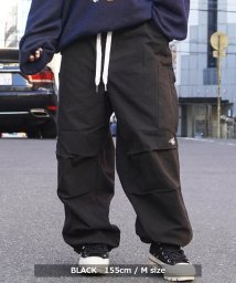 1111clothing(ワンフォークロージング)/カーゴパンツ メンズ ワイドパンツ デニム レディース ジーンズ ジーパン ボトムス バルーンパンツ 刺繍 ロゴ ドローコード 大きいサイズ 韓国ファッション/ブラック