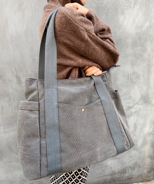 MAISON BREEZE(MAISON BREEZE)/【MAISON BREEZE】ジップ付き マルチポケット キャンバストートバッグ 鞄 A4収納可 通勤 通学 SCCH289/グレー