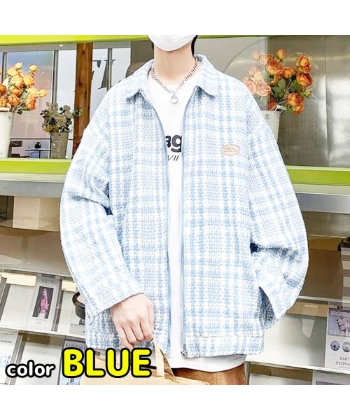 MOWMOW FASHION(マウマウ ファッション)/メンズファッション 韓国風 ジップアップ ジャケット チェック アメカジ あたたかい 大学生 秋冬 B系 ストリート系 スケーター かっこいい かわいい/ブルー