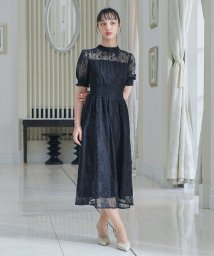 niana(ニアナ)/niana ニアナ 結婚式 ワンピース パーティードレス ボウタイ リボン 総レース ボリューム袖 パフスリーブ シャーリング ロング丈 袖あり 半袖 小さいサ/ネイビー