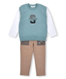 SLAP SLIP(スラップスリップ)/ワッペン 付 ベスト レイヤード 風 長袖 Tシャツ + ポケット 配色 パンツ/グリーン