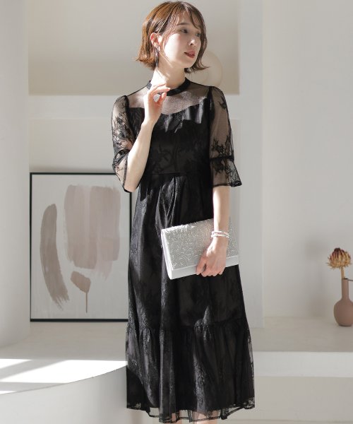 フラワーレース×ラメチュールバックリボンワンピース 
