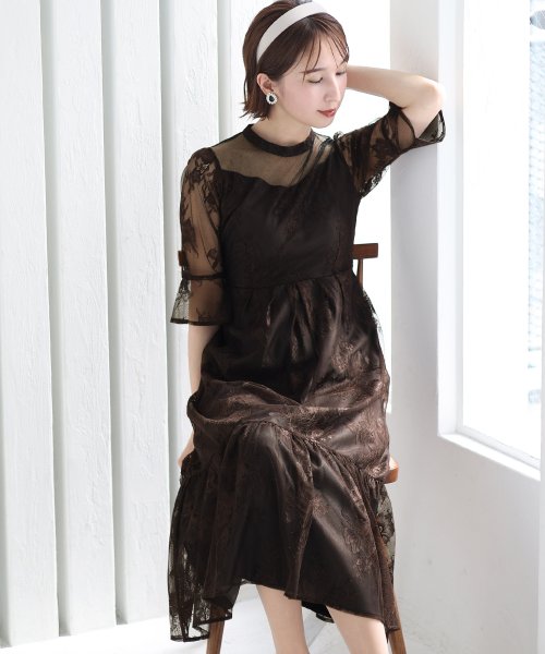 フラワーレース×ラメチュールバックリボンワンピース 