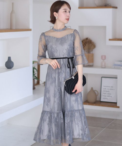 フラワーレース×ラメチュールバックリボンワンピース 