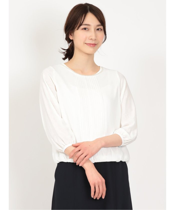 セール】ビジュー付 クルー7分袖プルオーバーブラウス(505155534