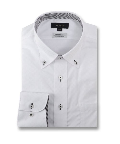 TAKA-Q(タカキュー)/綿100％ ノーアイロン スタンダードフィット ボタンダウン 長袖 シャツ メンズ ワイシャツ ビジネス yシャツ 速乾 ノーアイロン 形態安定/ホワイト