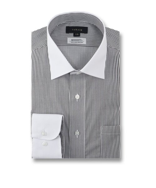 TAKA-Q(タカキュー)/綿100％ ノーアイロン スタンダードフィット ワイドカラー 長袖 シャツ メンズ ワイシャツ ビジネス yシャツ 速乾 ノーアイロン 形態安定/ブラック