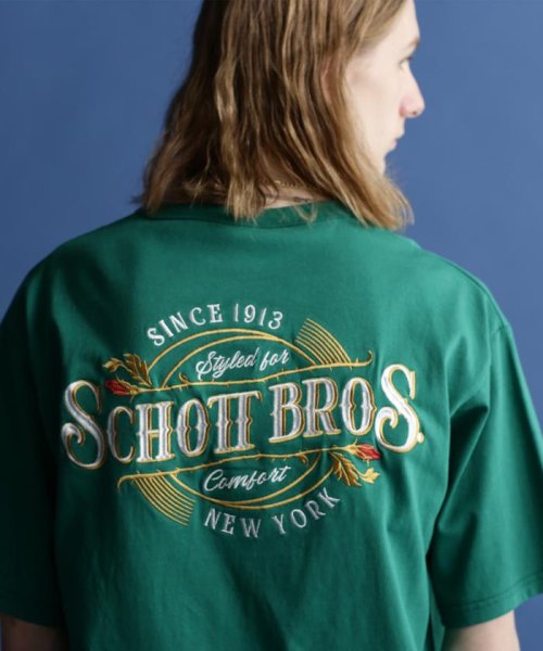 Schott(ショット)/S/S T－SHIRT "EMBROIDERED　SCHOTT　BROS."/刺繍Tシャツ "ショットブロス/グリーン