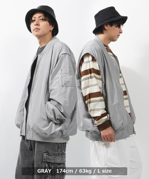 1111clothing(ワンフォークロージング)/MA－1 メンズ フライトジャケット レディース ライトアウター ブルゾン 2WAY ジャケット アウター 長袖 ミリタリー ベスト オーバーサイズ/グレー