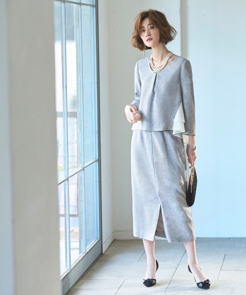 バックペプラムトップス＆ロングタイトスカートツイードセットアップ  