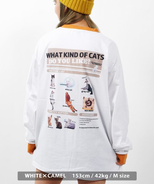 1111clothing(ワンフォークロージング)/ロンT メンズ 長袖tシャツ レディース リンガー 長袖 tシャツ 猫 ネコ キャット バックプリント オーバーサイズ トップス カットソー 大きいサイズ 韓国/ホワイト