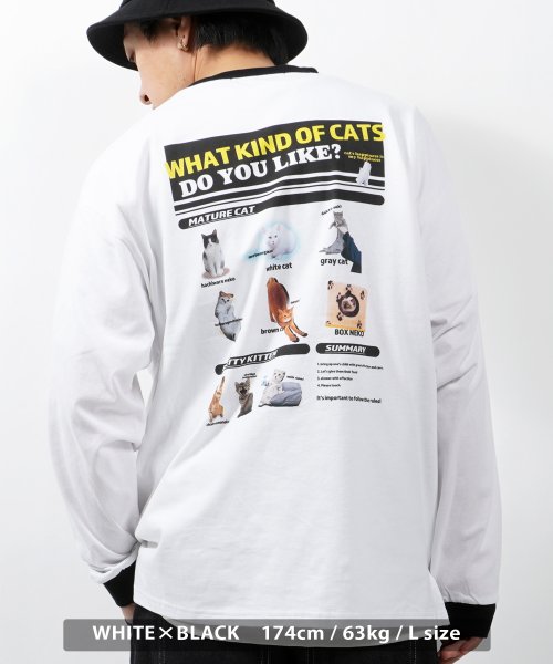 1111clothing(ワンフォークロージング)/ロンT メンズ 長袖tシャツ レディース リンガー 長袖 tシャツ 猫 ネコ キャット バックプリント オーバーサイズ トップス カットソー 大きいサイズ 韓国/ホワイト系2