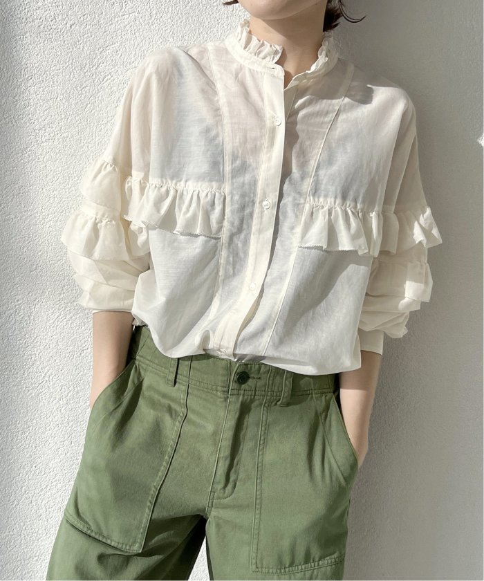 コットンシルクティアードフリルスリーブブラウス(505178169