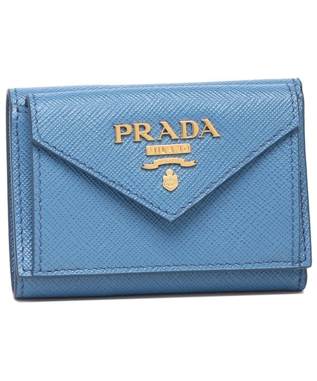 箱付 PRADA プラダ1MH021 3つ折り財布 コンパクトウォレット 青