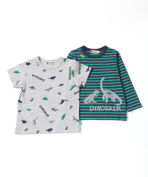 KP BOY(ケーピーボーイ)/KPBOY(ケーピーボーイ)恐竜柄　半袖Tシャツとボーダー長袖Tシャツ２枚セット(80～90)/グレー