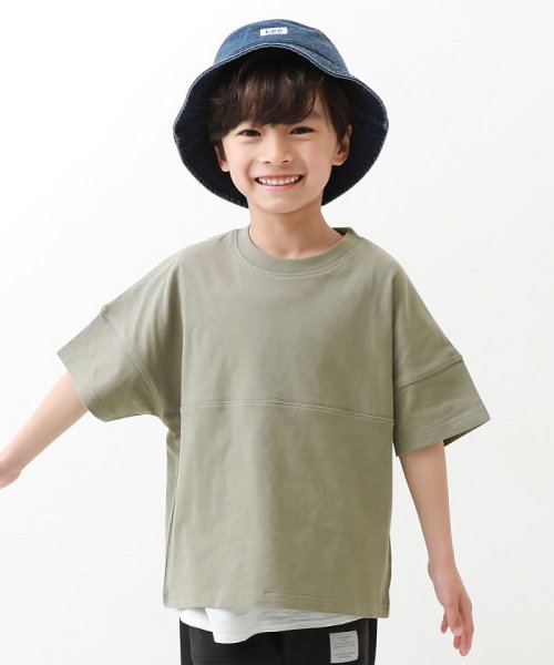 devirock(デビロック)/無地＆切替 オーバーサイズ 半袖Tシャツ 子供服 キッズ ベビー 男の子 女の子 トップス 半袖Tシャツ Tシャツ /カーキ