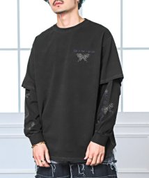 LUXSTYLE/ピグメント加工フェイクレイヤードロンT/ロンT メンズ 長袖Tシャツ ビッグシルエット ロゴ 蝶 ゴシック調 重ね着風/505182892