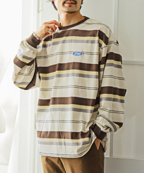 LUXSTYLE(ラグスタイル)/マルチボーダーロンT/ロンT メンズ 長袖Tシャツ ビッグシルエット マルチボーダー ワンポイント 刺繍/ブラウン
