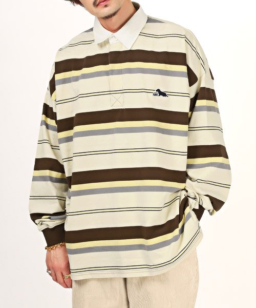 LUXSTYLE(ラグスタイル)/マルチボーダーラガーシャツ/ラガーシャツ メンズ 長袖 マルチボーダー ロゴ 刺繍 ビッグシルエット/ブラウン