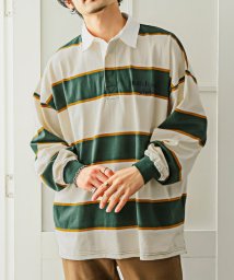 LUXSTYLE(ラグスタイル)/マルチボーダーラガーシャツ/ラガーシャツ メンズ 長袖 マルチボーダー ロゴ 刺繍 ビッグシルエット/グリーン