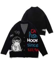 HOOK(HOOK（フック）)/【HOOK】 －original－ 激かわ「CAT＆FISH」英字刺繍猫イラストカーディガン/ブラック
