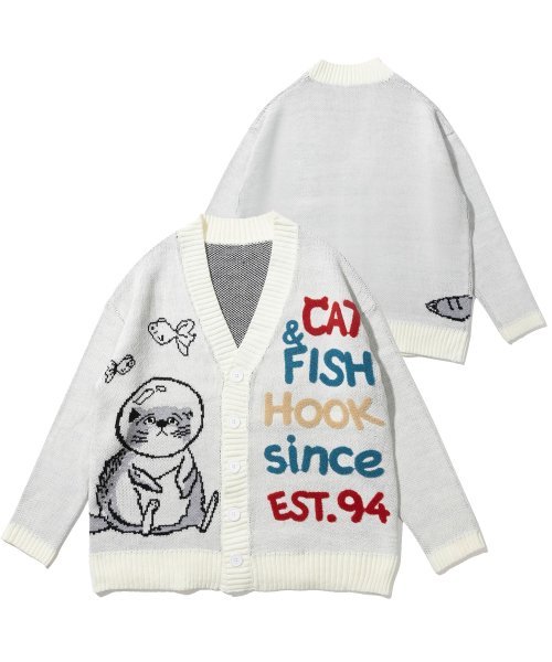 HOOK(HOOK（フック）)/【HOOK】 －original－ 激かわ「CAT＆FISH」英字刺繍猫イラストカーディガン/ホワイト