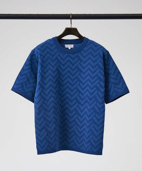 ABAHOUSE(ABAHOUSE)/【アンサンブル対応】幾何学模様 半袖 ニット Tシャツ/ブルー