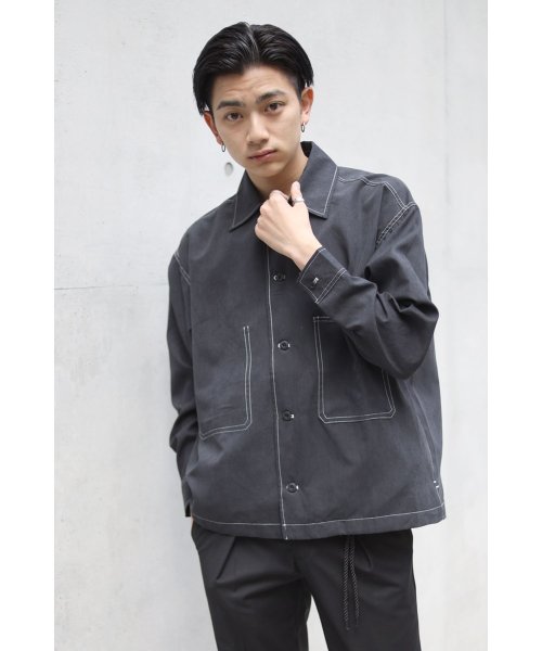 creare lino(クレアーレ・リノ)/くすみカラー ビックポケット 配色スッテチングシャツ<ユニセックス>/ブラック