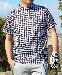 TopIsm(トップイズム)/ゴルフウェア モックネックシャツ メンズ GIORNO SEVEN ジョルノセブン ハイネックTシャツ 半袖 トップス 総柄 ロゴ ストレッチ 吸湿速乾ドライ/ブラック系1