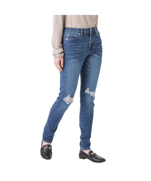 MAC HOUSE(women)(マックハウス（レディース）)/NAVY ネイビー GOOD STYLE JEANS ダメージスキニーパンツ 141423328/ブルー