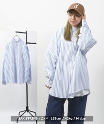 1111clothing(ワンフォークロージング)/シャツ メンズ ストライプシャツ レディース レギュラーカラー 長袖シャツ バンドカラー ロングシャツ カジュアルシャツ シャツワンピース 長袖 オーバーサイズ/サックス系1