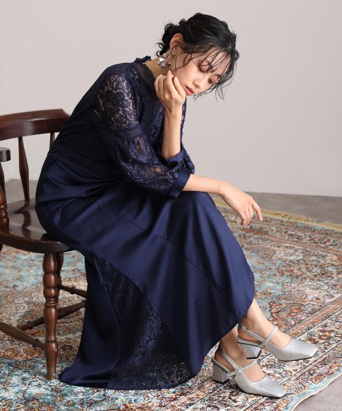 レース×サテン切替ワンピース 