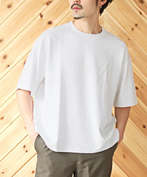 LUXSTYLE(ラグスタイル)/接触冷感ストレッチ半袖ビッグTシャツ/半袖Tシャツ メンズ ビッグシルエット 接触冷感 ストレッチ 無地 カットソー/ホワイト
