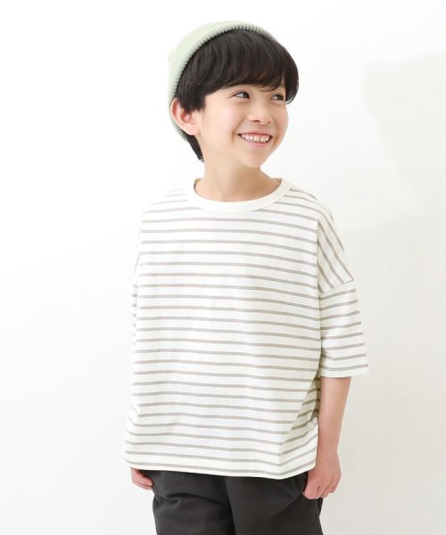 devirock(デビロック)/ボーダーゆるっとTシャツ 子供服 キッズ ベビー 男の子 女の子 トップス 半袖Tシャツ Tシャツ /グレージュ系1