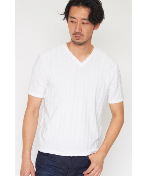 HIGH STREET(HIGH STREET)/HIGH STREET∴千鳥柄ストレッチパイルVネック半袖Tシャツ/ホワイト