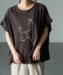 Ranan(ラナン)/パール調ビジュー付フロッキープリントTシャツ/チャコールグレー系1