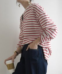 and it_(アンドイット)/ルーズシルエットボーダーカットソー カットソー 長袖 レディース 綿100 春 秋 ボーダー 柄 tシャツ 薄手 クルーネック ルーズ ワイド 綿100% コッ/レッド